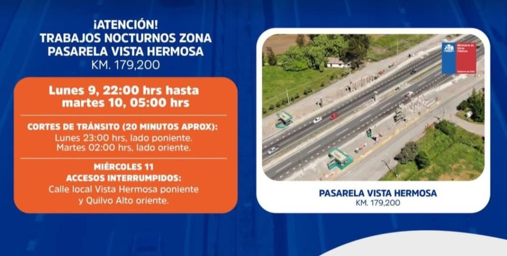 Cortes programados en Ruta 5 Sur sector Vista Hermosa para este 09 de diciembre 2024